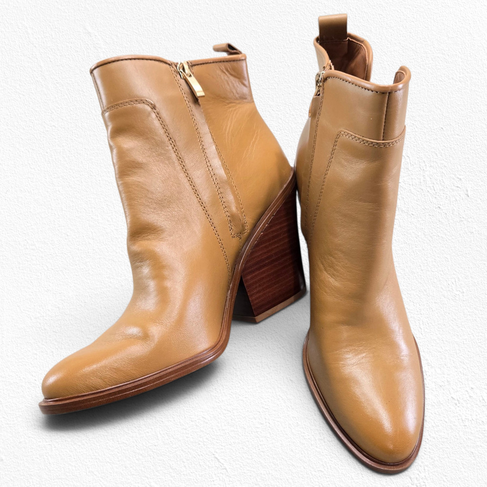 Franco Sarto Camel Brown Gamble Leather 4" Block Heel Western Ankle Boots 10M